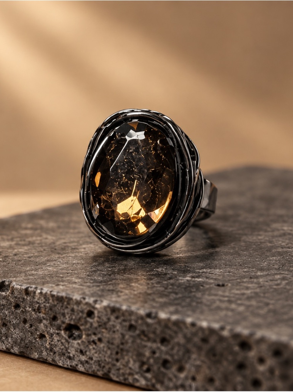 Avon Smoky Amber Oval Ring - Black Metal